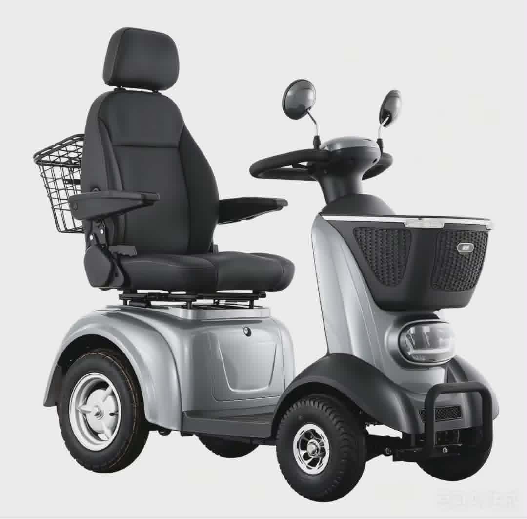 Ny grå HalleCare el-scooter set forfra med spejle, kurv og komfortsæde
