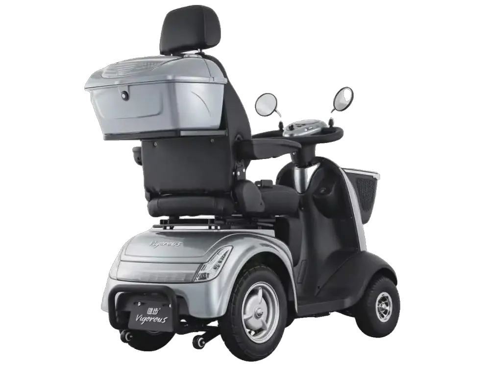 Sølvgrå elscooter med topboks set bagfra – handicapscooter