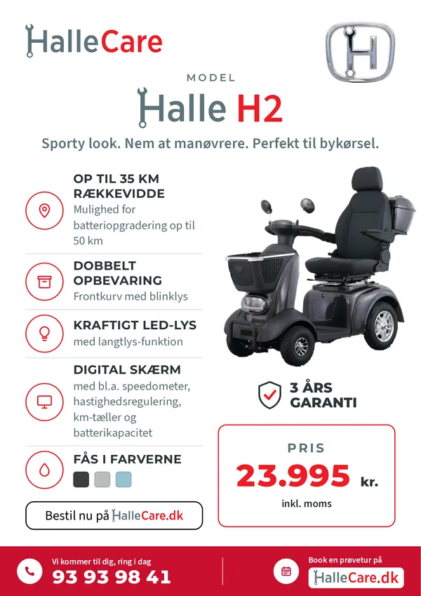 Halle H2: sporty look, nem at manøvrere, perfekt til bykørsel. Op til 35 km rækkevidde (batteriopgradering til 50 km), dobbelt opbevaring med frontkurv og blinklys, kraftigt LED-lys, digital skærm, 3 års garanti. Pris 23.995 kr. inkl. moms.