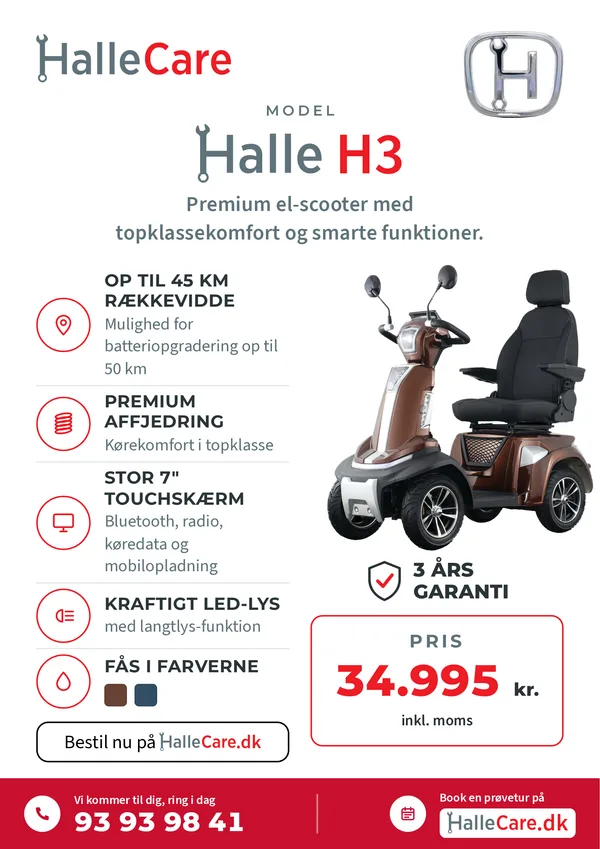 Halle H3: premium el-scooter med topklassekomfort. Op til 45 km rækkevidde (batteriopgradering til 50 km), premium affjedring, stor 7-tommers touchskærm med Bluetooth og radio, kraftigt LED-lys, 3 års garanti. Pris 34.995 kr. inkl. moms.